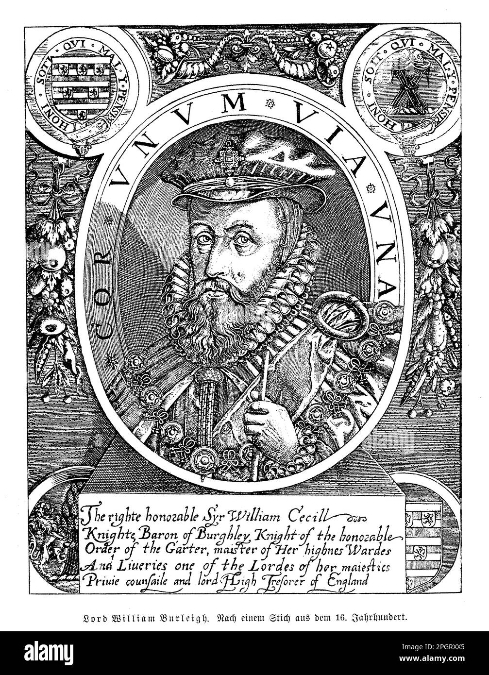 William Cecil, auch bekannt als Lord Burghley, war ein prominenter englischer Staatsmann, der von 1520 bis 1598 lebte. Er war Außenminister und Lord-Schatzmeister unter Königin Elizabeth I. und spielte eine Schlüsselrolle in der elisabethanischen Politik. Cecil war ein erfahrener Verwalter und Diplomat und war während seiner Amtszeit an vielen wichtigen Entscheidungen beteiligt, darunter die Errichtung der Kirche von England und die Niederlage der spanischen Armada. Er war auch Schutzpatron der Künste und unterstützte die Arbeit von Schriftstellern wie Edmund Spenser. Stockfoto
