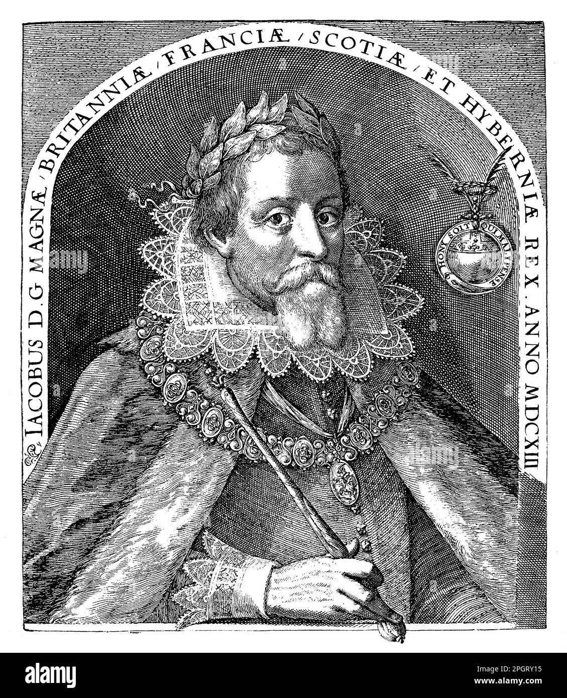 James VI von Schottland, auch bekannt als James I von England, war ein schottischer König, der von 1566 bis 1625 lebte. Er folgte seiner Mutter Mary, Königin von Schottland, als König von Schottland im Alter von 13 Jahren und erbt später den englischen Thron nach dem Tod von Königin Elizabeth I. James war bekannt für seine Liebe zum Lernen und die Schirmherrschaft der Künste sowie für seine Bemühungen, die religiöse Einheit in seinen Königreichen zu fördern. Er autorisierte die Erschaffung der Bibel von König James, die zu einem Wahrzeichen der englischen Literatur und einem prägenden Werk der protestantischen Reformation wurde. James sah sich während seiner Herrschaft auch politischen Herausforderungen gegenüber Stockfoto