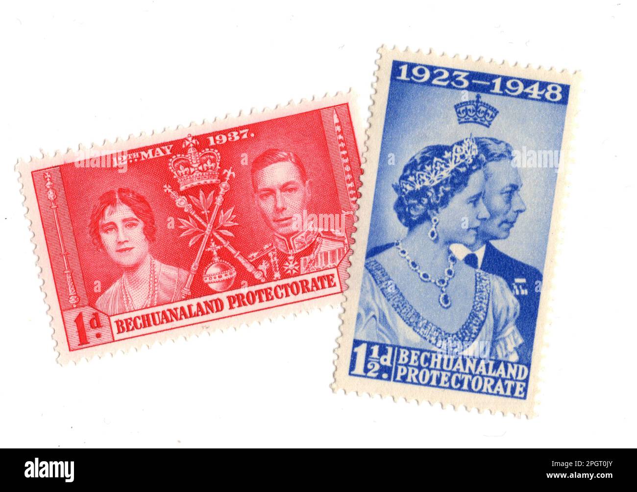 Alte Pfefferminzbriefmarken aus Bechuanaland isoliert auf weißem Hintergrund. Stockfoto