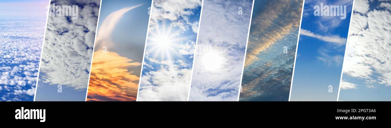 Collage Clouds Hintergrund. Bannerdesign. Ein Konzept zum Thema Wetter Stockfoto