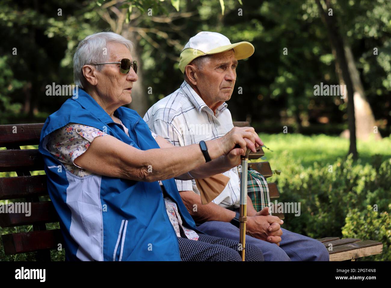 Ältere Ehepaare, die im Frühlings- oder Sommerpark auf einer Bank sitzen. Alter Mann und Frau im Freien, Leben im Ruhestand Stockfoto