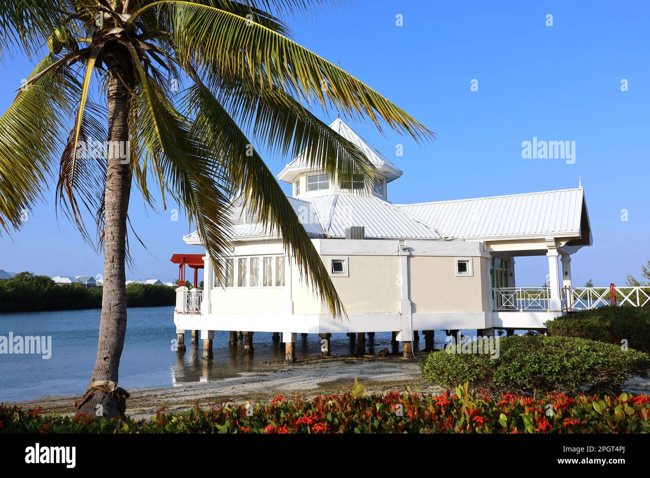 Malerischer Blick auf das weiße Haus auf Pfählen am tropischen Strand mit Kokospalmen. Villa in einer Bucht auf der karibischen Insel Stockfoto