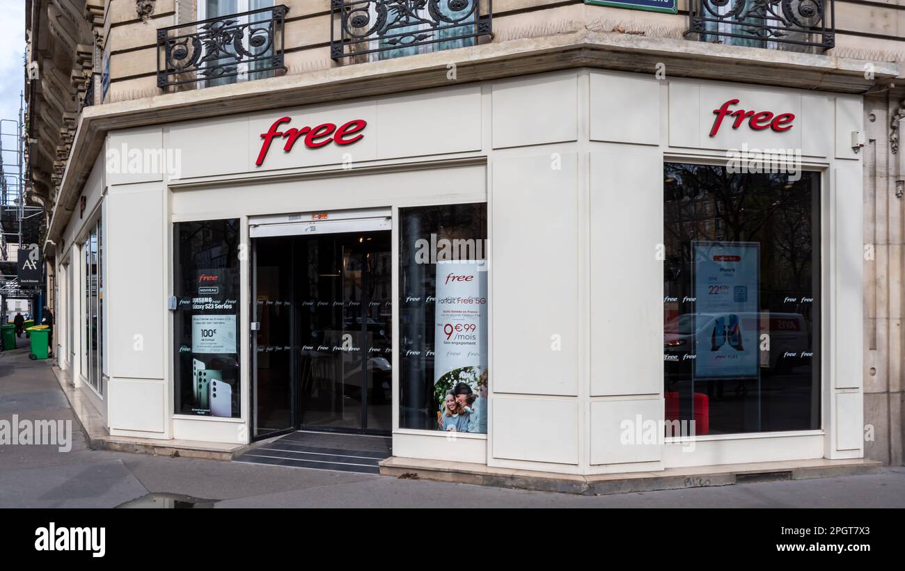 Außenansicht eines Free Stores, einer Tochtergesellschaft der Iliad-Gruppe, eines französischen Mobilfunkbetreibers und eines der wichtigsten Internet-Diensteanbieter in Frankreich Stockfoto