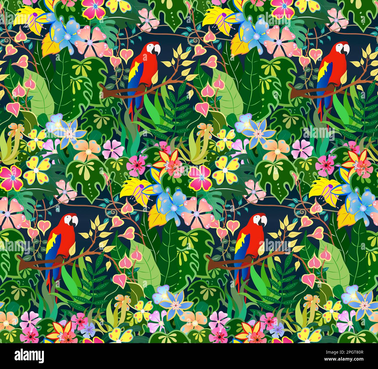 Ein sich nahtlos wiederholendes Muster eines Papageiens im Dschungel Stockfoto