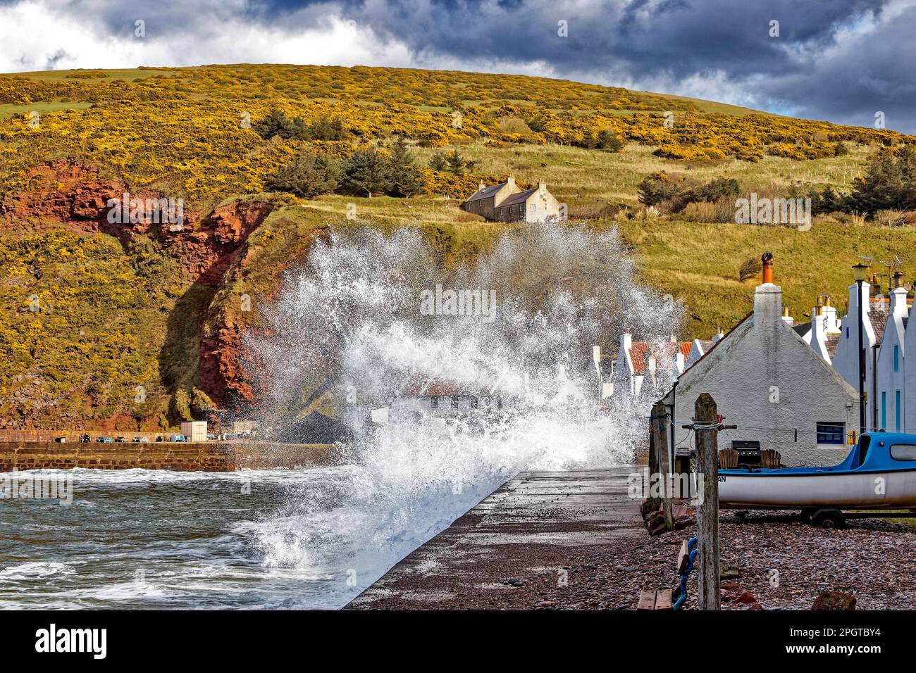 Pennan Aberdeenshire Schottland Hochwasser mit großen Wellen, die über die Hafenmauern und Häuser brechen Stockfoto