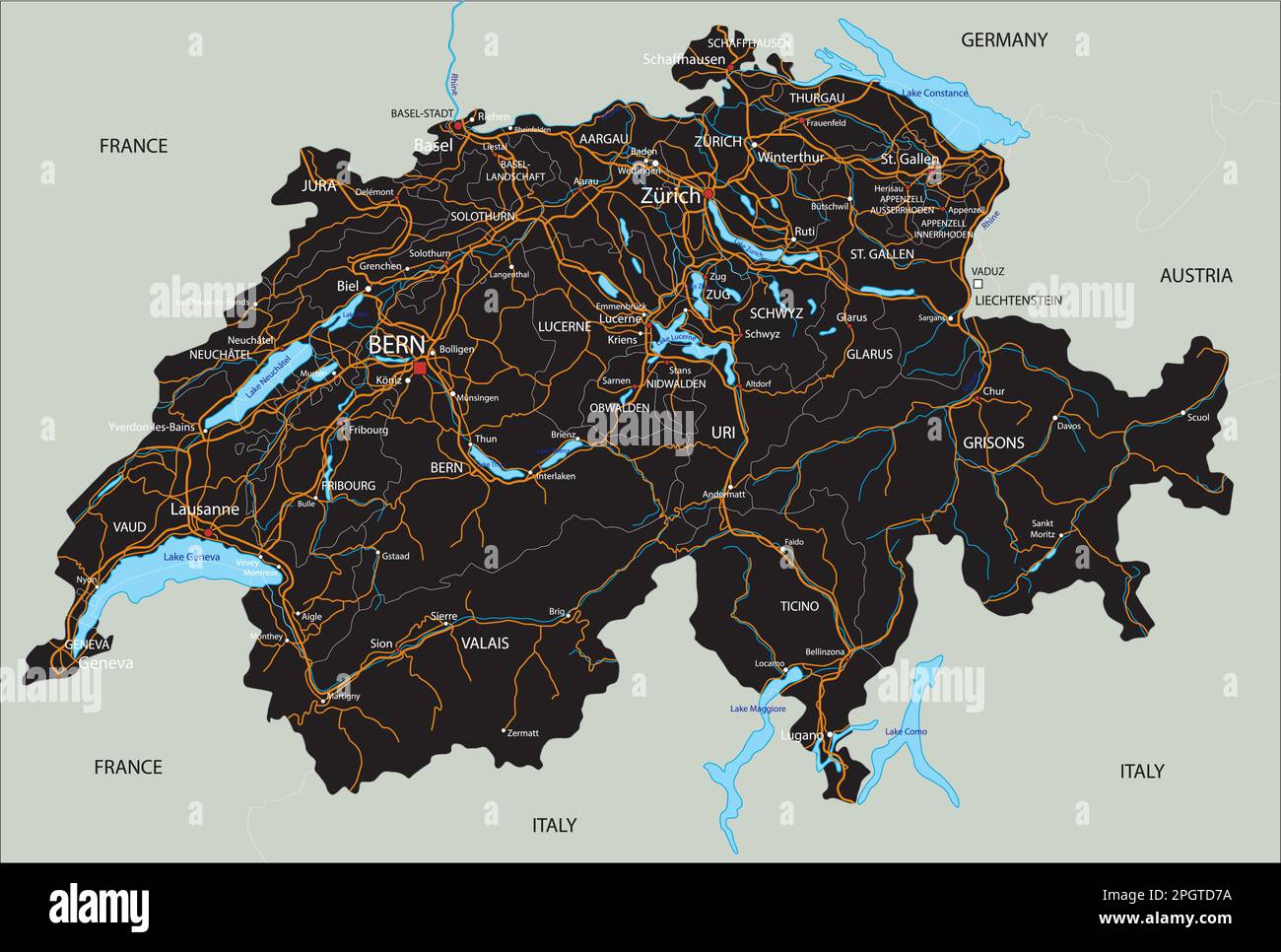 Hochdetaillierte Straßenkarte der Schweiz mit Kennzeichnung. Stock Vektor