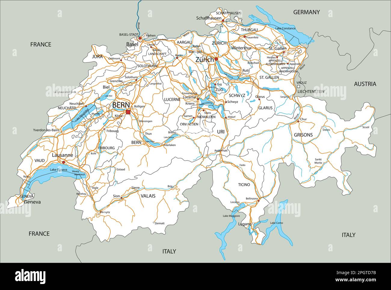 Hochdetaillierte Straßenkarte der Schweiz mit Kennzeichnung. Stock Vektor