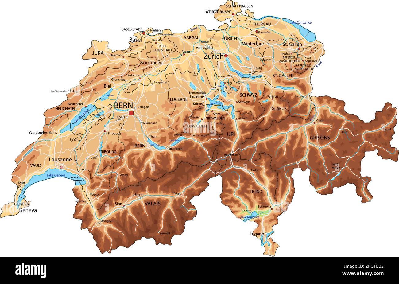 Hochdetaillierte physikalische Karte der Schweiz mit Beschriftung. Stock Vektor