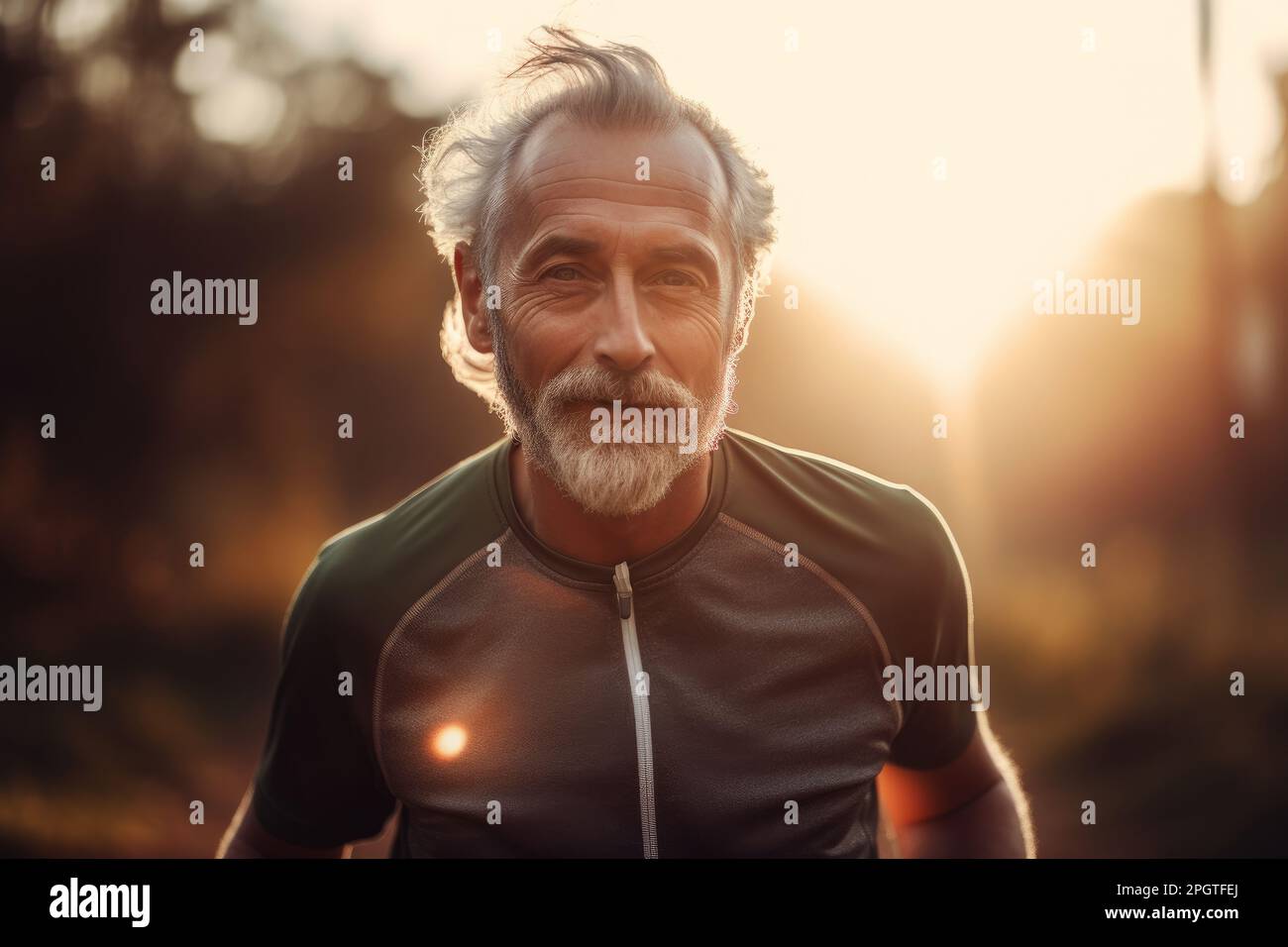 Älterer Mann mit grauen Haaren, der durch Joggen in einem Park fit