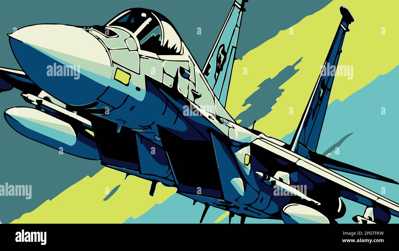 Farbenfrohe Illustration eines Militärflugzeugs der F-15. Pop-Art der Comic-Vektorzeichnung der schnellen Armee Stock Vektor