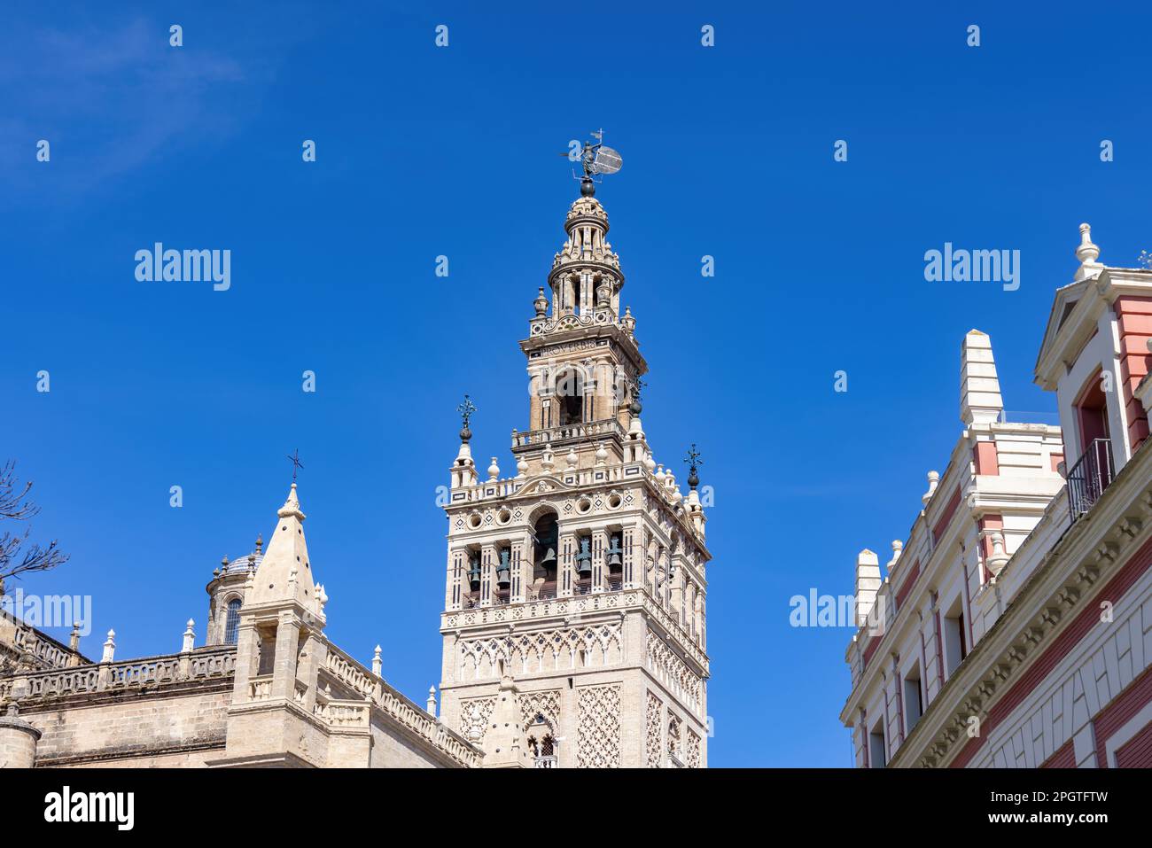 Blick auf die Turmglocke der Kathedrale von Sevilla vom Viertel Santa Cruz, in der Altstadt von Sevilla, Andalusien, Spanien Stockfoto