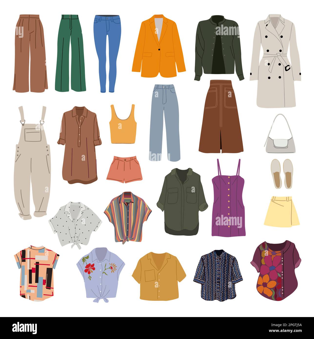 Set aus modischer Kleidung und Accessoires für Damen. Stock Vektor