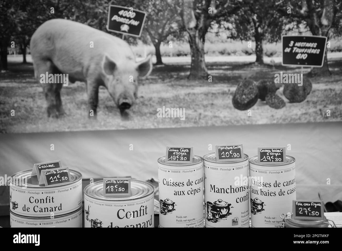 PARIS, FRANKREICH - 12. MÄRZ 2016: Ich beobachte Sie. Fleischdelikatessen zum Verkauf auf dem Pariser Bauernmarkt und Schweinebild im Hintergrund. Schwarzweißfoto Stockfoto