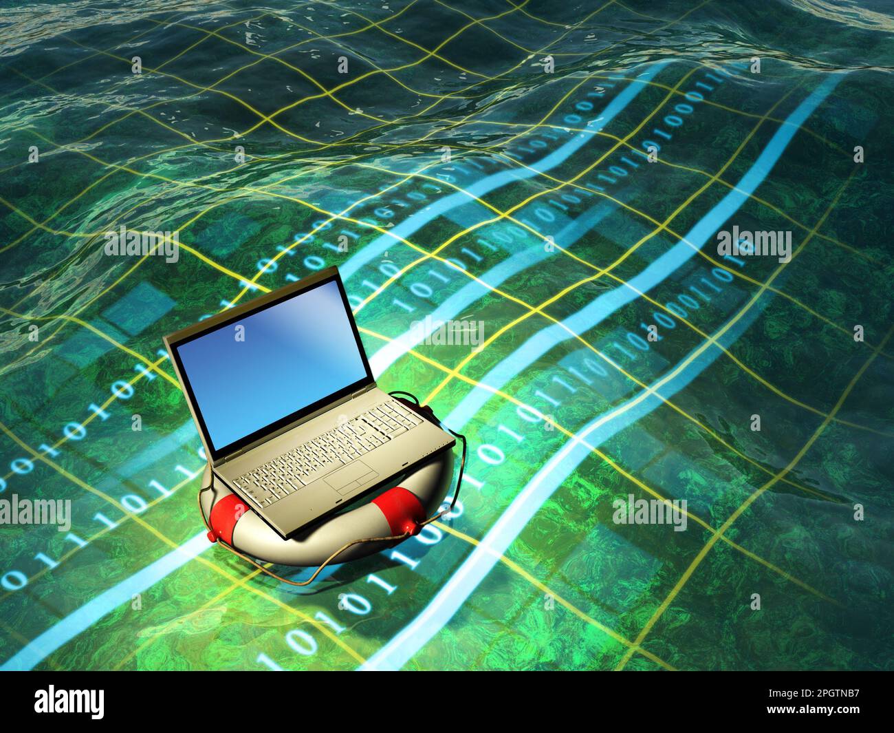 Ein moderner Laptop, der in einem digitalen Meer schwimmt. Digitale Illustration Stockfoto