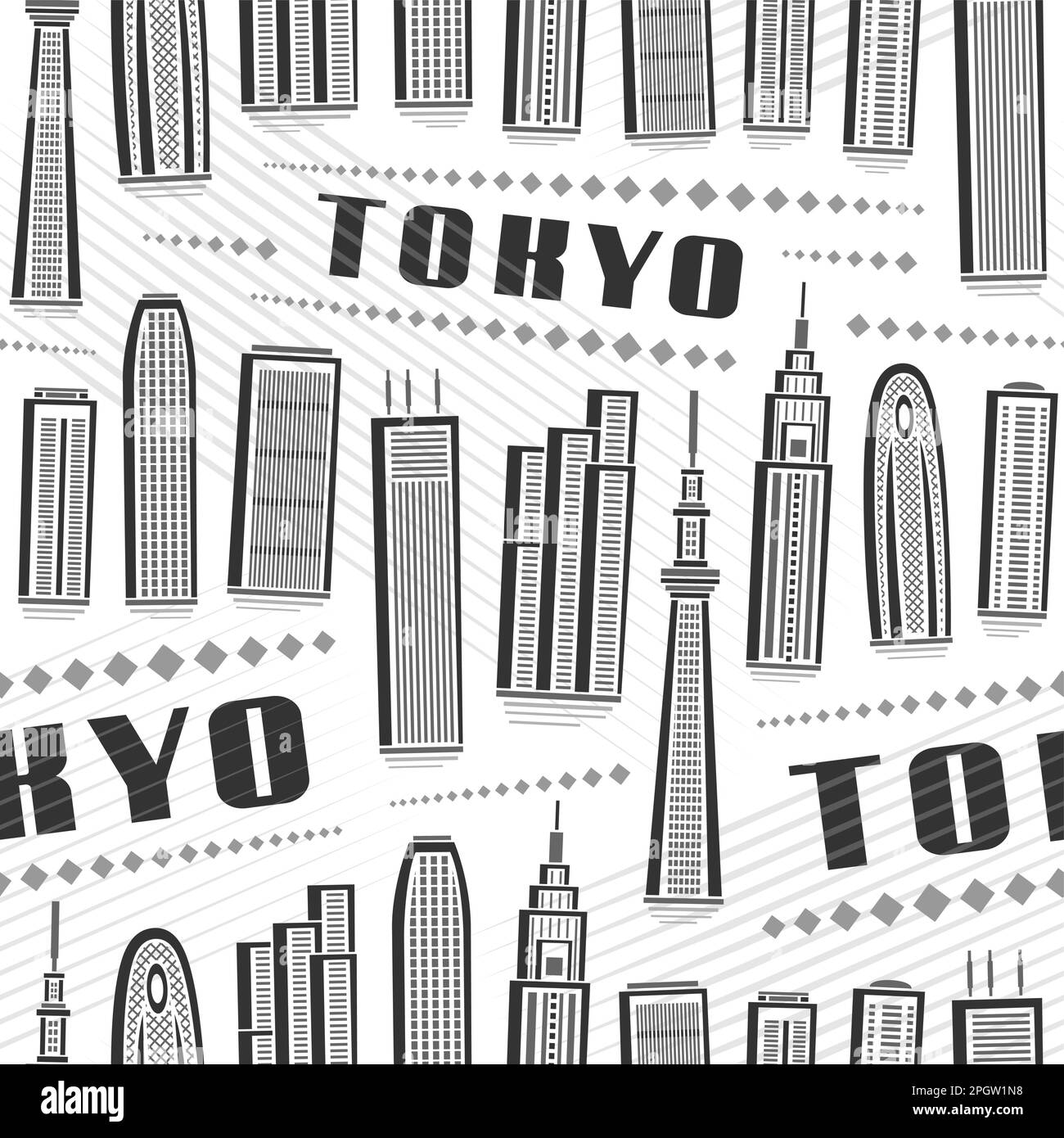 Vector Tokyo Seamless Pattern, sich wiederholender Hintergrund mit Illustration der berühmten asiatischen Stadtlandschaft tokios auf weißem Hintergrund für Geschenkpapier, Monochr Stock Vektor