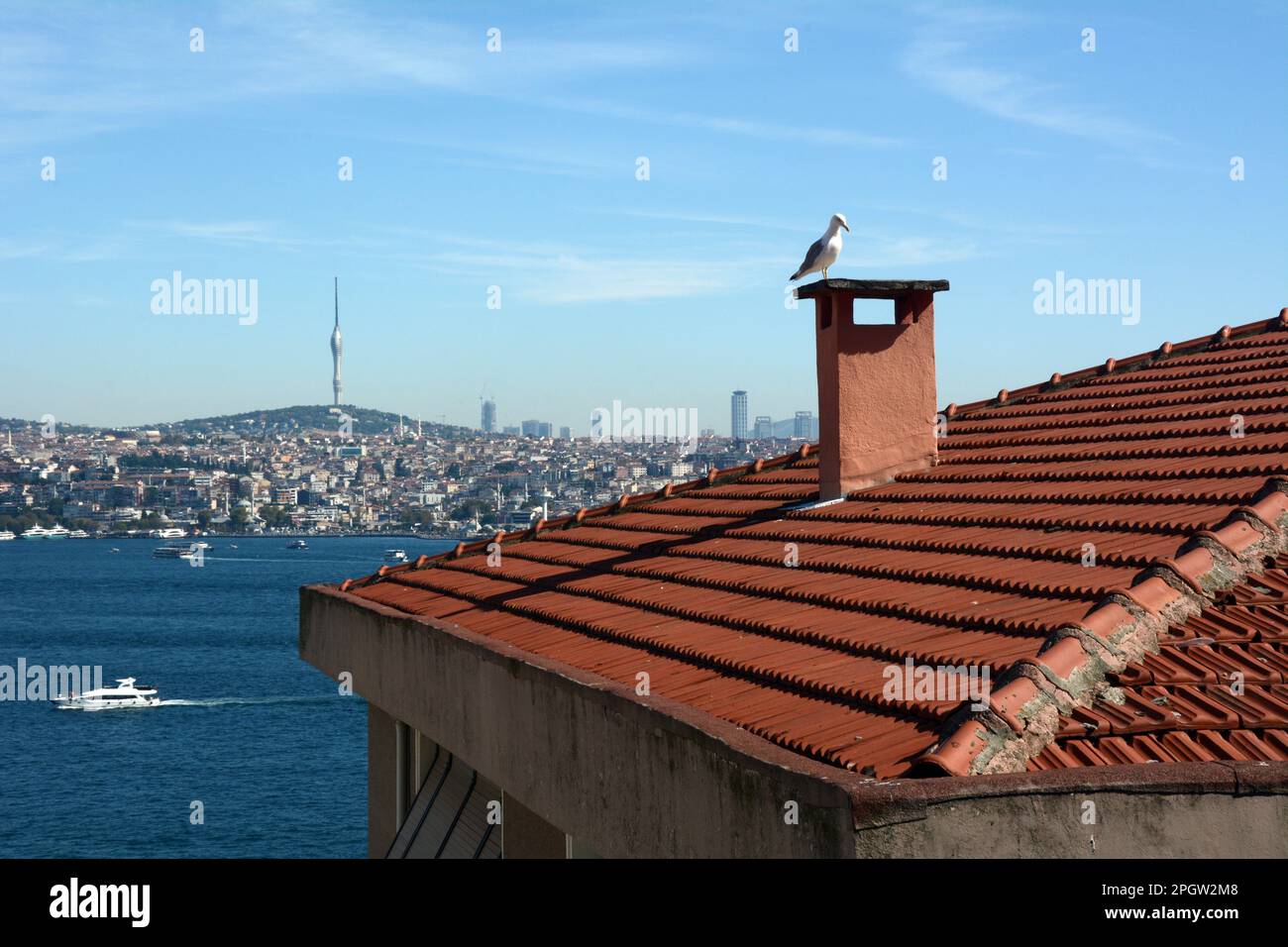 Blick über die Straße des Bosporus von Cihangir, Beyoglu auf der europäischen Seite nach Uskudar auf der asiatischen Seite von Istanbul, Turkiye/Türkei. Stockfoto