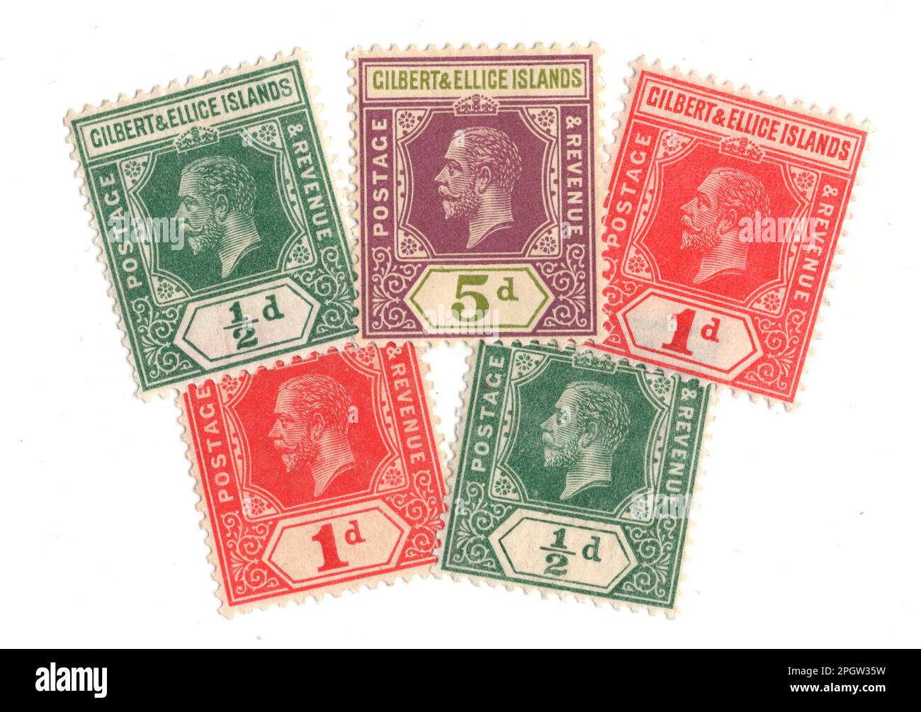 Alte Briefmarken von Gilbert und Ellice Island isoliert auf weißem Hintergrund. Stockfoto