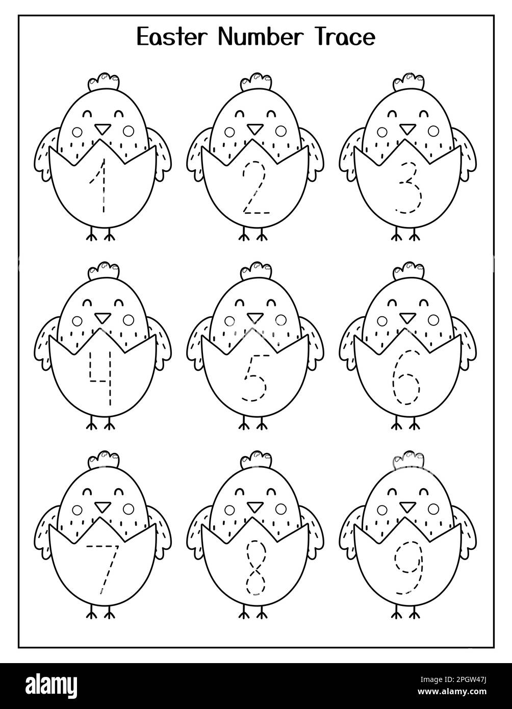 Das Osterarbeitsblatt mit den Zahlen und den süßen Mädels. Übungsseite für Handschrift Stock Vektor