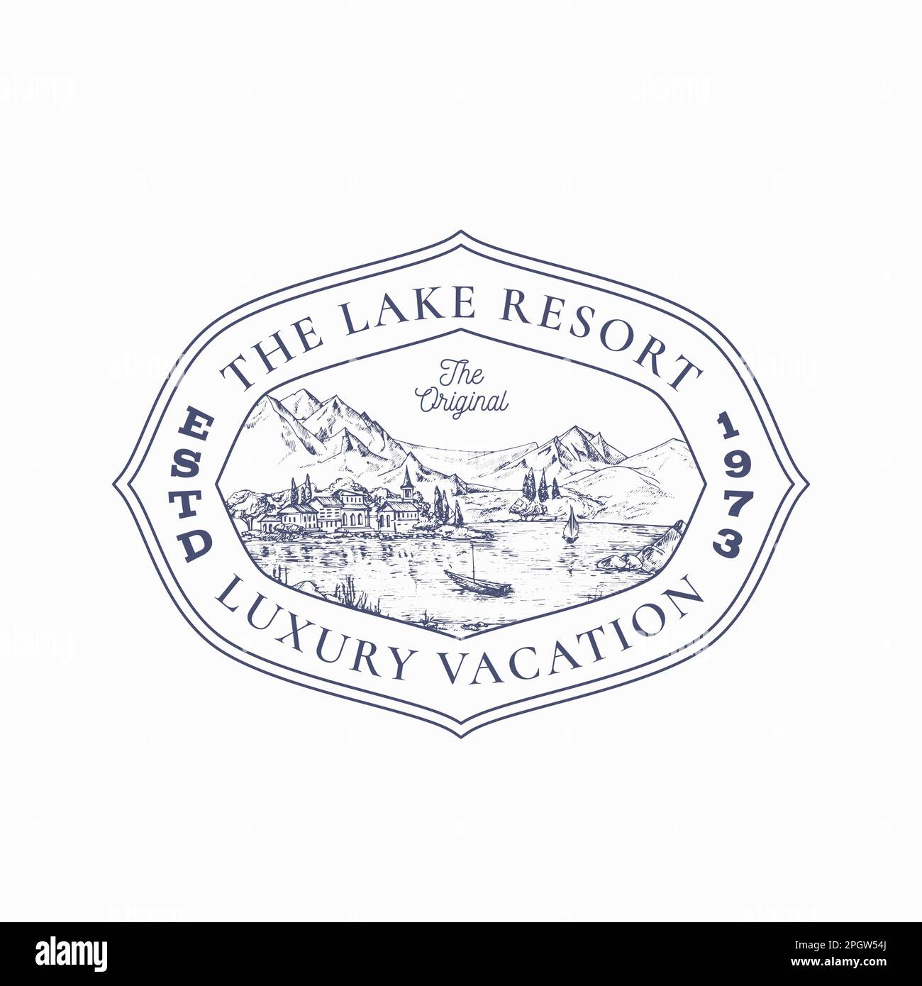 Logo-Vorlage Für Das Rahmenlogo Für Freizeitaktivitäten Im Freien. Handgezogenes Herrenhaus in der Nähe von See und Bergen Landschaftsskizze mit Retro Typografie und Stock Vektor