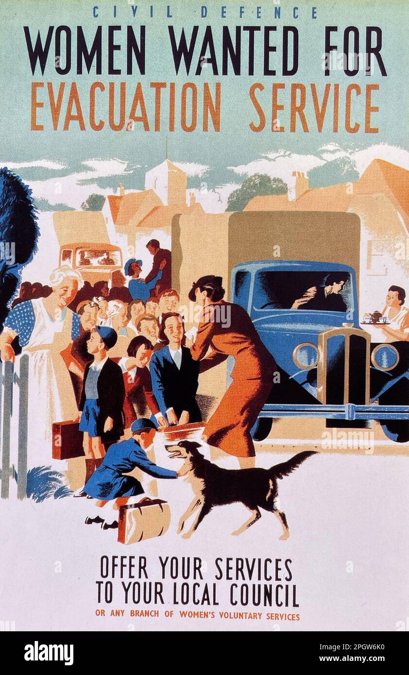 EVAKUIERUNGSAPPELL Ein britisches WW2-Poster, auf dem um Hilfe beim Transport von Kindern an sichere Orte gebeten Wird Stockfoto
