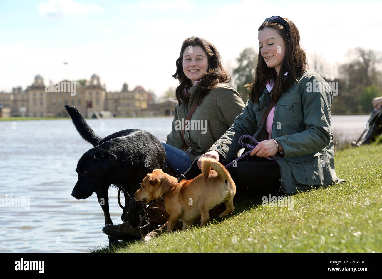 Junge Frauen mit ihren Hunden am See bei den Badminton Horse Trials in Gloucestershire, Großbritannien. Stockfoto