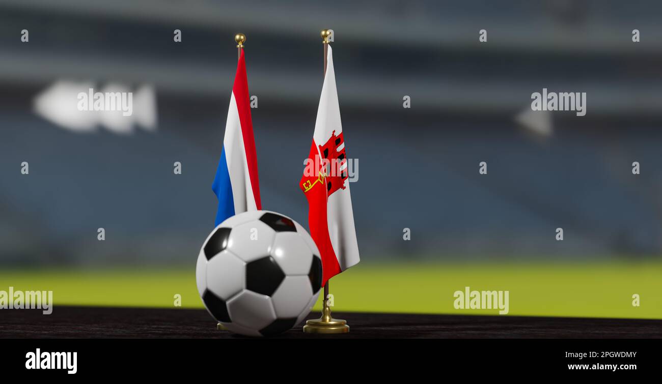 UEFA 2024 Fußball Niederlande gegen Gibraltar Europameisterschaft Niederlande und Gibraltar mit Fußball. 3D Arbeit. Eriwan, Armenien - Stockfoto