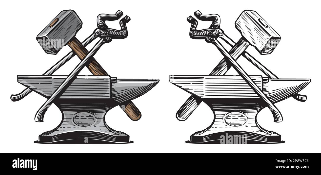 Schmied-Handwerk-Konzept. Hammer, Zange, Amboss. Metallbearbeitungswerkzeuge. Handgezeichnete Skizze Vintage-Vektordarstellung Stock Vektor