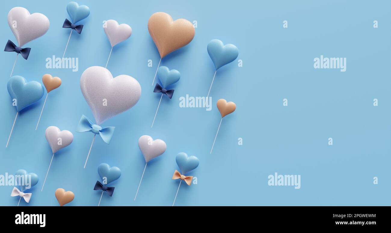 Vatertag, Geburtstag. Banner mit fliegenden Herzen und Bogen. 3D-Rendering Stockfoto