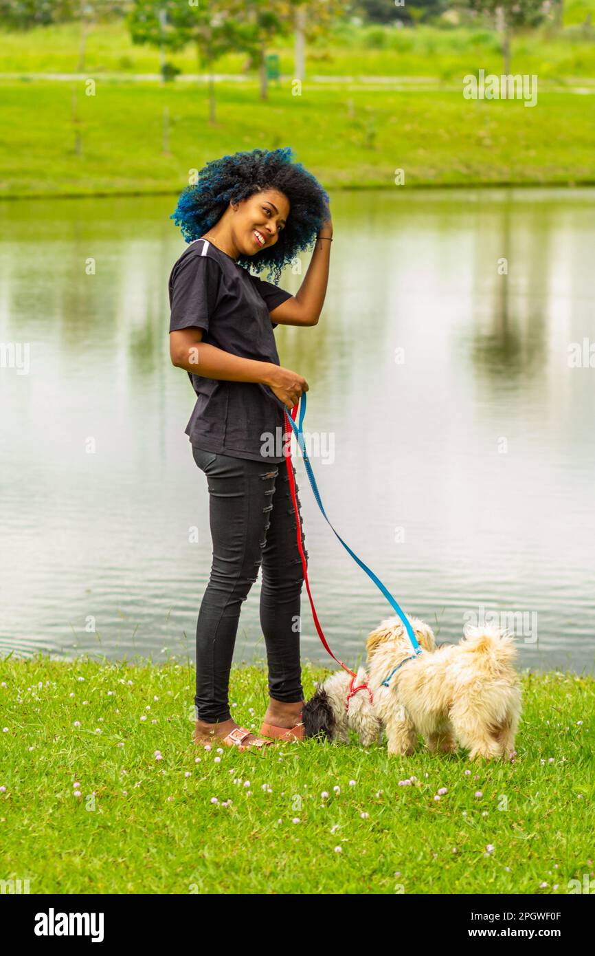 Goiania, Goias, Brasilien – 20. März 2023: Eine junge schwarze Frau mit blau gefärbtem Afrohaar, die ihre Hunde auf dem Rasen neben einem Teich im Park spaziert. Stockfoto