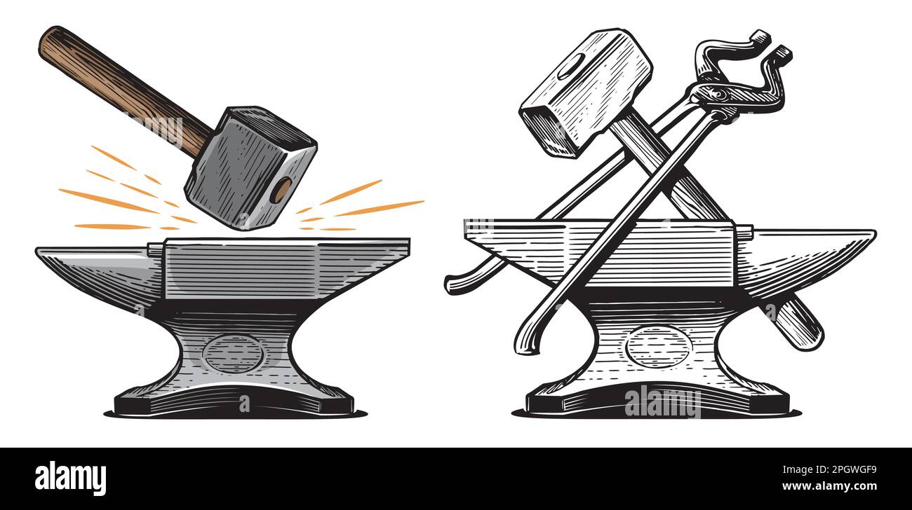 Amboss und Hammer, Zange. Schmied-Handwerkskizze. Metallbearbeitungswerkzeuge im Vintage-Gravurstil Stock Vektor