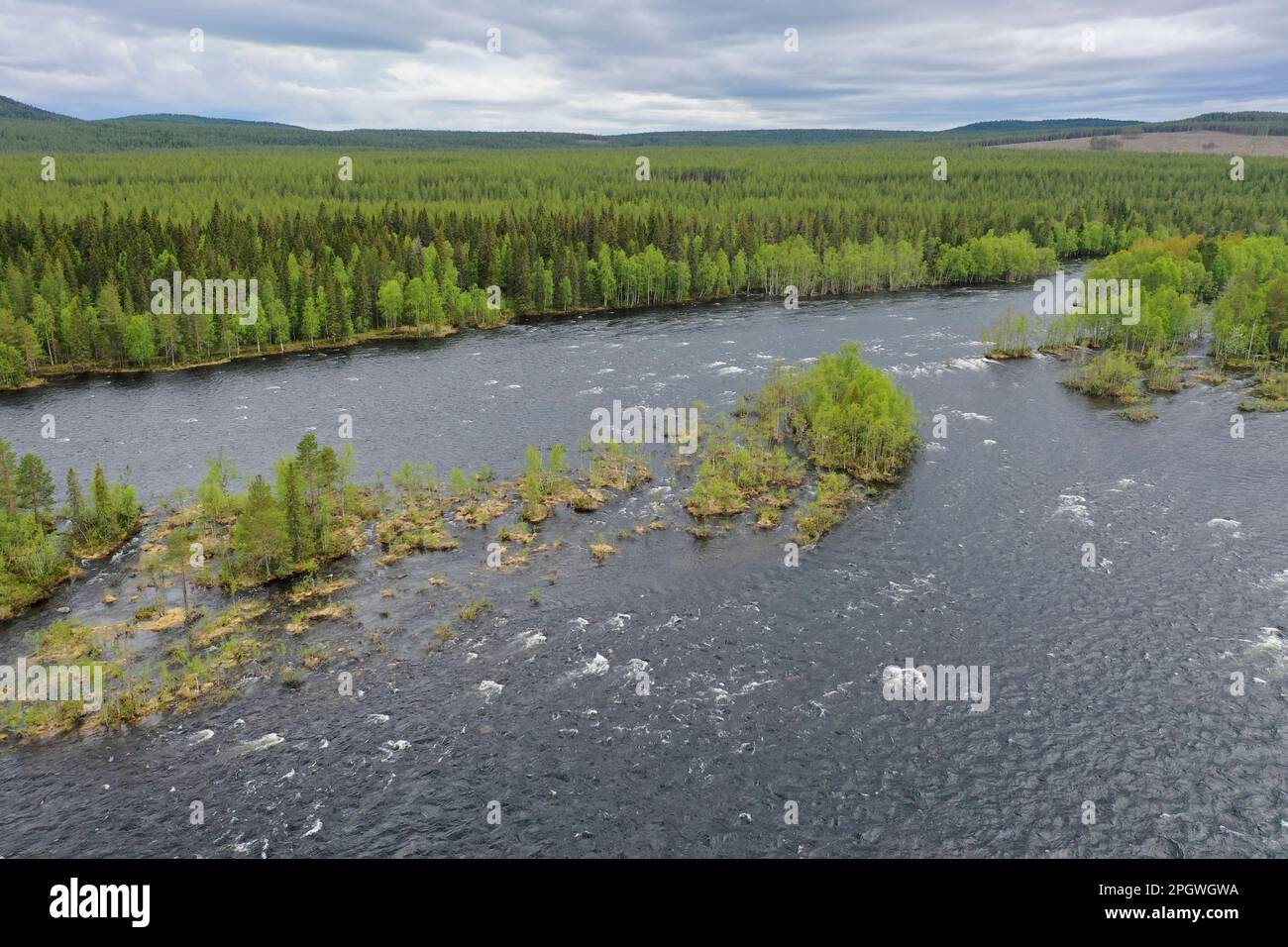 Fluss in Nordschweden, Schweden, Piteälven (auch Piteälv, Pite älv oder Piteå älv), Nähe Rastplatz Ljusselforsen nördlich der Ortschaft Moskosel Stockfoto