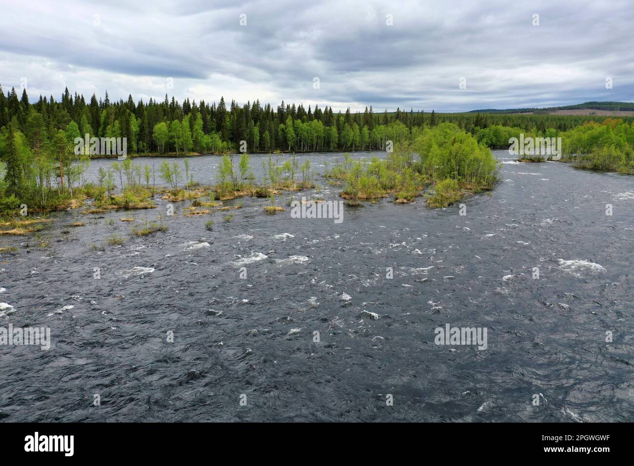 Fluss in Nordschweden, Schweden, Piteälven (auch Piteälv, Pite älv oder Piteå älv), Nähe Rastplatz Ljusselforsen nördlich der Ortschaft Moskosel Stockfoto