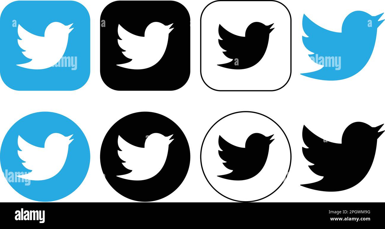 Satz von Twitter-Bird-Logo-Symbolen. Eine Gruppe realistischer Social-Media-Icons-Logos. Sammlung Twitter – beliebtes Symbol für Button Sheet in sozialen Medien, sofort Stock Vektor