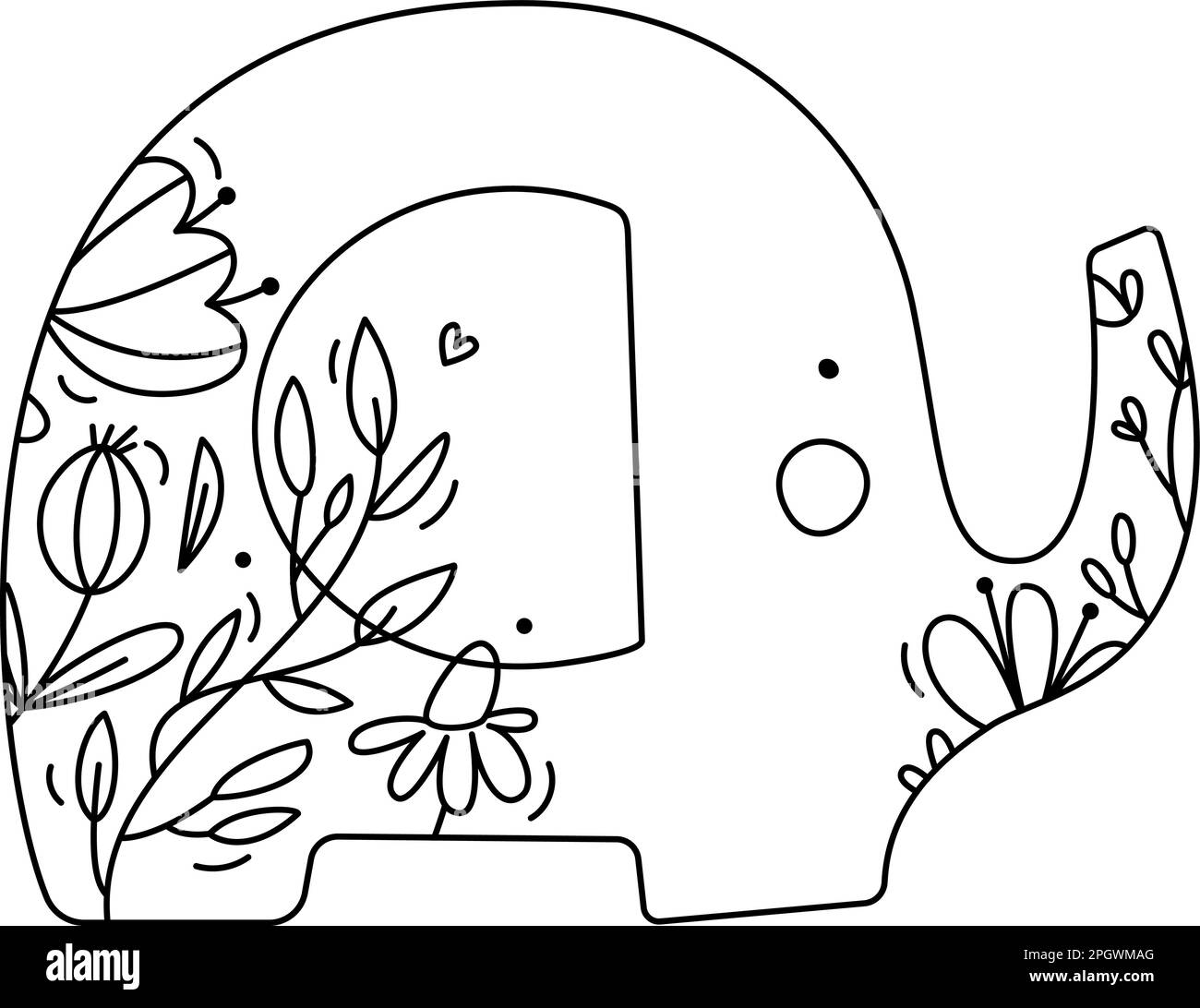 Handgezeichneter Vektor niedlicher Baby-Elefant mit Stachelbeeren, Ästen, Blütenstruktur. Symboldarstellung für Grußkarte Baby, Webdesign Stock Vektor