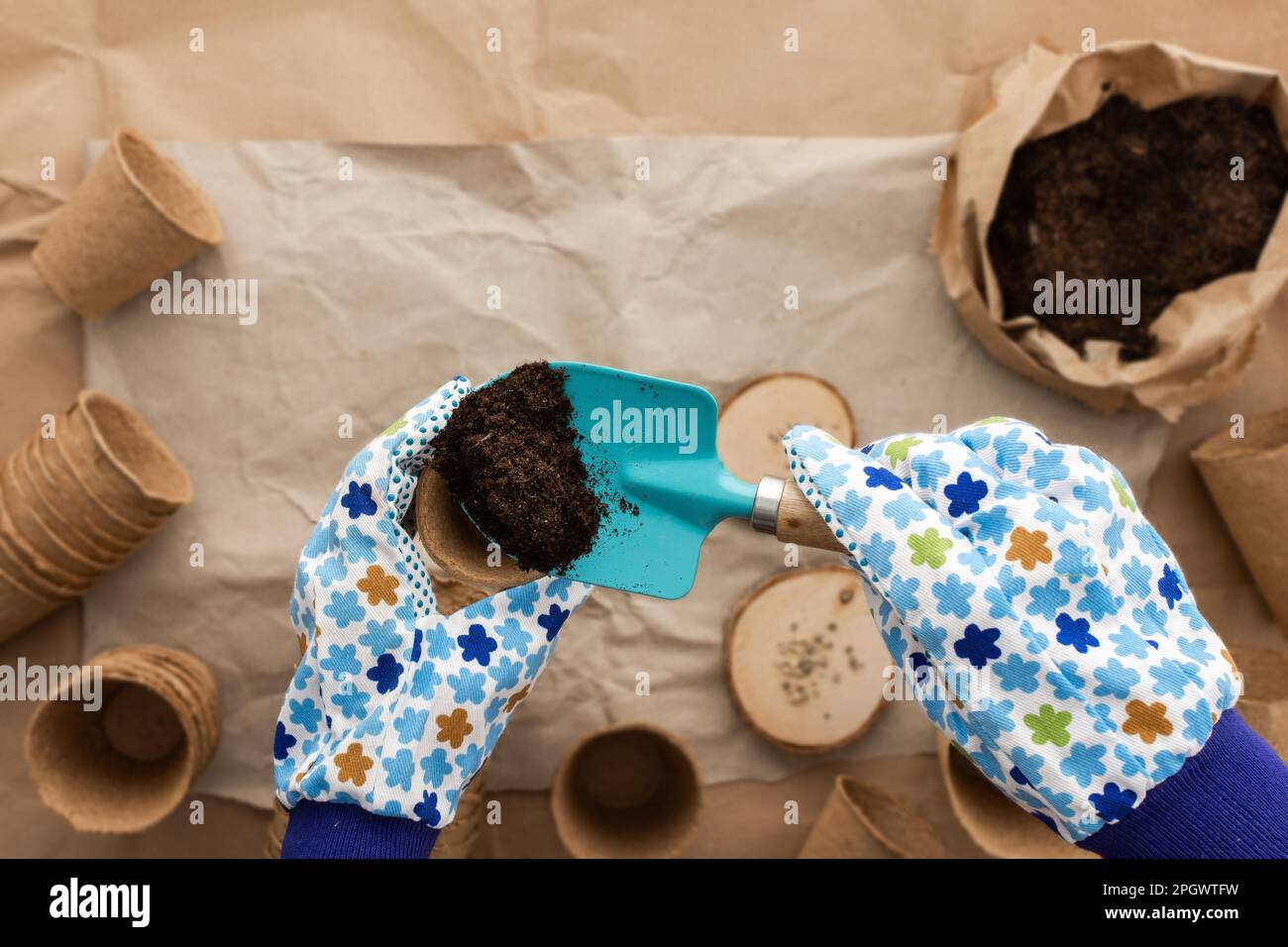Pflanzen von Tomatensamen für Setzlinge, Hände mit einem Topf, umweltfreundliche Töpfe und Samen, Ermahlen und Gartenwerkzeuge auf Handwerkspapier, Vorbereitung Stockfoto