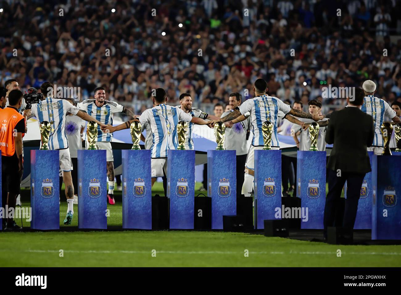 Die argentinische Nationalmannschaft feiert während des Spiels Argentinien gegen Panama im Rahmen des International Friendly Match im Mas Monumental Stadium. Endergebnis: Argentinien 2 - 0 Panama Stockfoto