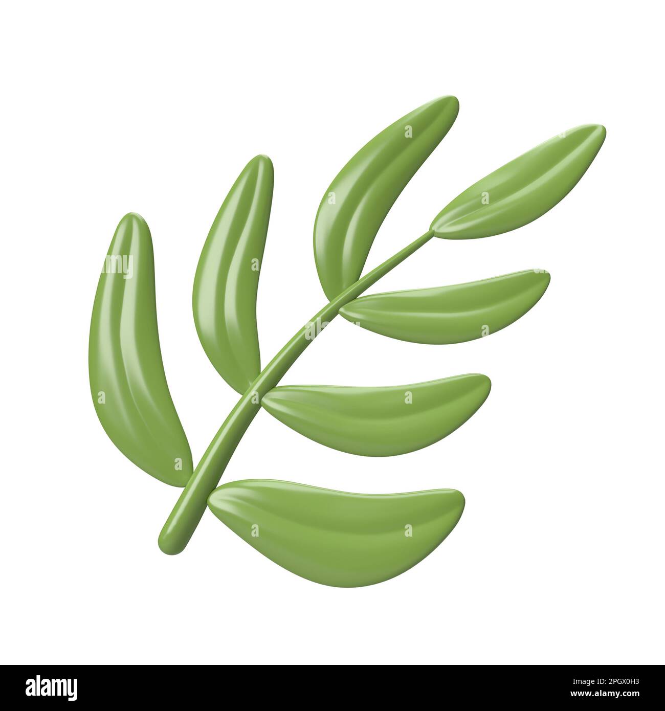 Süße 3D Icon detaillierter grüner Palmenzweig. Triumphaler Eintritt in Jerusalem oder Palm Sunday. Abbildung isoliert auf Beschneidungspfad mit weißem Hintergrund Stockfoto