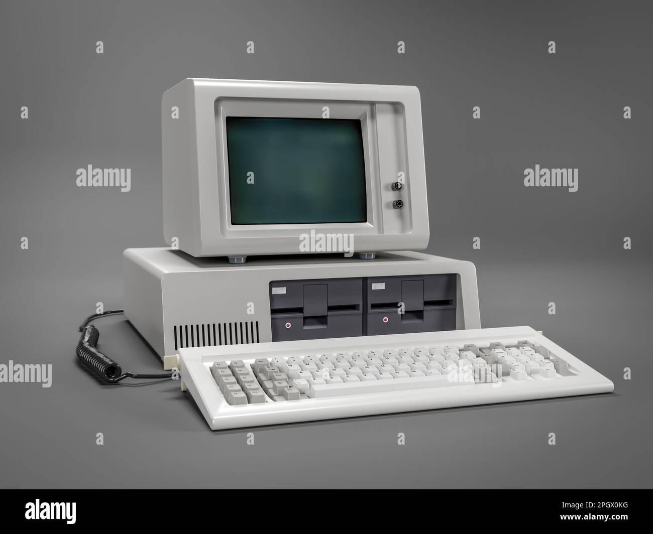 3D-Rendering eines klassischen PCs mit Monitor auf grauem Hintergrund Stockfoto