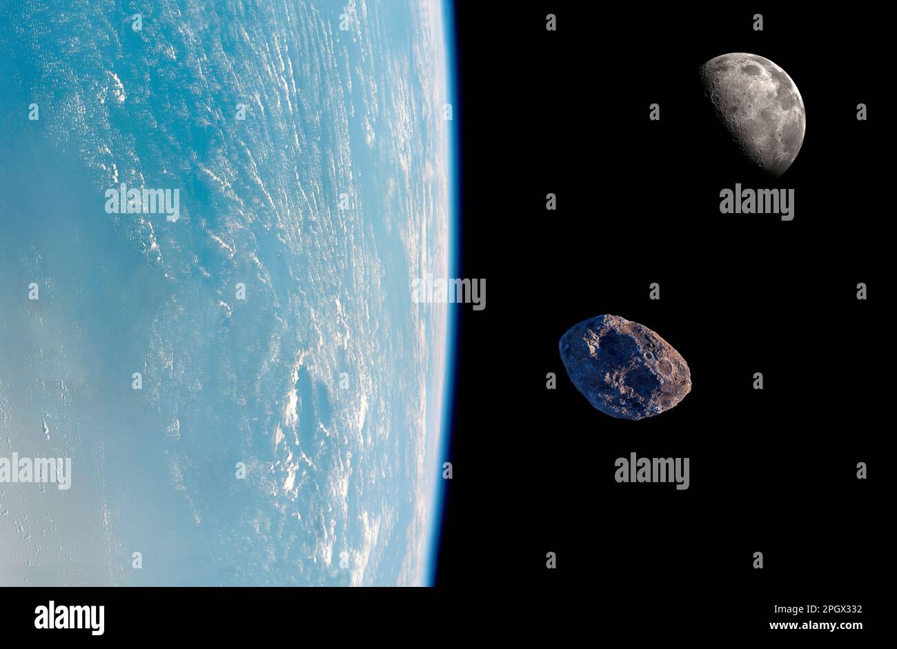Gelegentlich passiert ein Asteroid, der groß genug ist, um eine Stadt zu zerstören, zwischen den Umlaufbahnen der Erde und des Mondes. Am 25. März 2023 passierte ein solches Objekt mit dem Namen 2023 DZ2 innerhalb von 515.000km vom Mond, bevor es Stunden später auf der Erde flog. Da er nur 68.000km entfernt ist, wird der Asteroid von der Erde aus durch Ferngläser und kleine Teleskope auf der ganzen Welt sichtbar sein. MarchÊ2023 25 ? Credit: NASA/ Alamy Live News via Digitaleye Artist's Impression - ein einzigartiges zusammengesetztes Bild, das aus optimierten und verbesserten Versionen der ursprünglichen NASA-Bilder abgeleitet wurde. Stockfoto