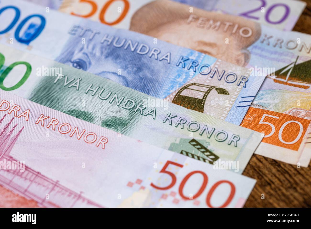 Geld aus Schweden, schwedische Krone, Finanz- und Geschäftskonzept, Nahaufnahme, finanzieller Hintergrund Stockfoto