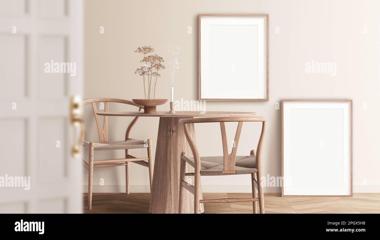 Modernes Modell mit Innenraumgestaltung. Galeriewände sind nachgeahmt, leere Wände im neutralen beigen Schlafzimmer Stockfoto