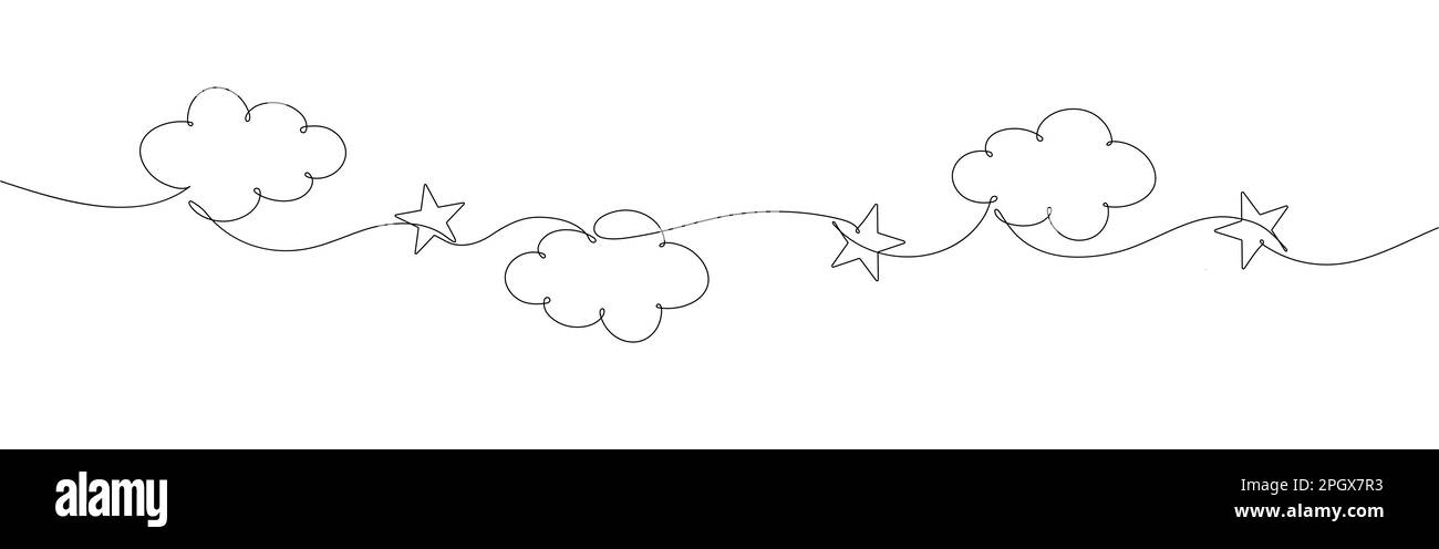 Eine einzeilige Zeichnung mit Wolke und Stern auf weißem Hintergrund. Vektordarstellung für durchgehende Linien. Stock Vektor