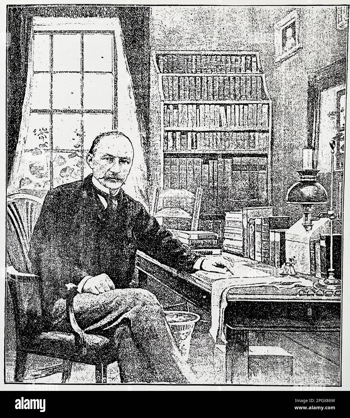 THOMAS HARDY (1840-1928), englischer Schriftsteller in seiner Studie bei Max Gate in Dorchester, in einer Zeichnung für eine Zeitschrift, die 1892 veröffentlicht wurde Stockfoto