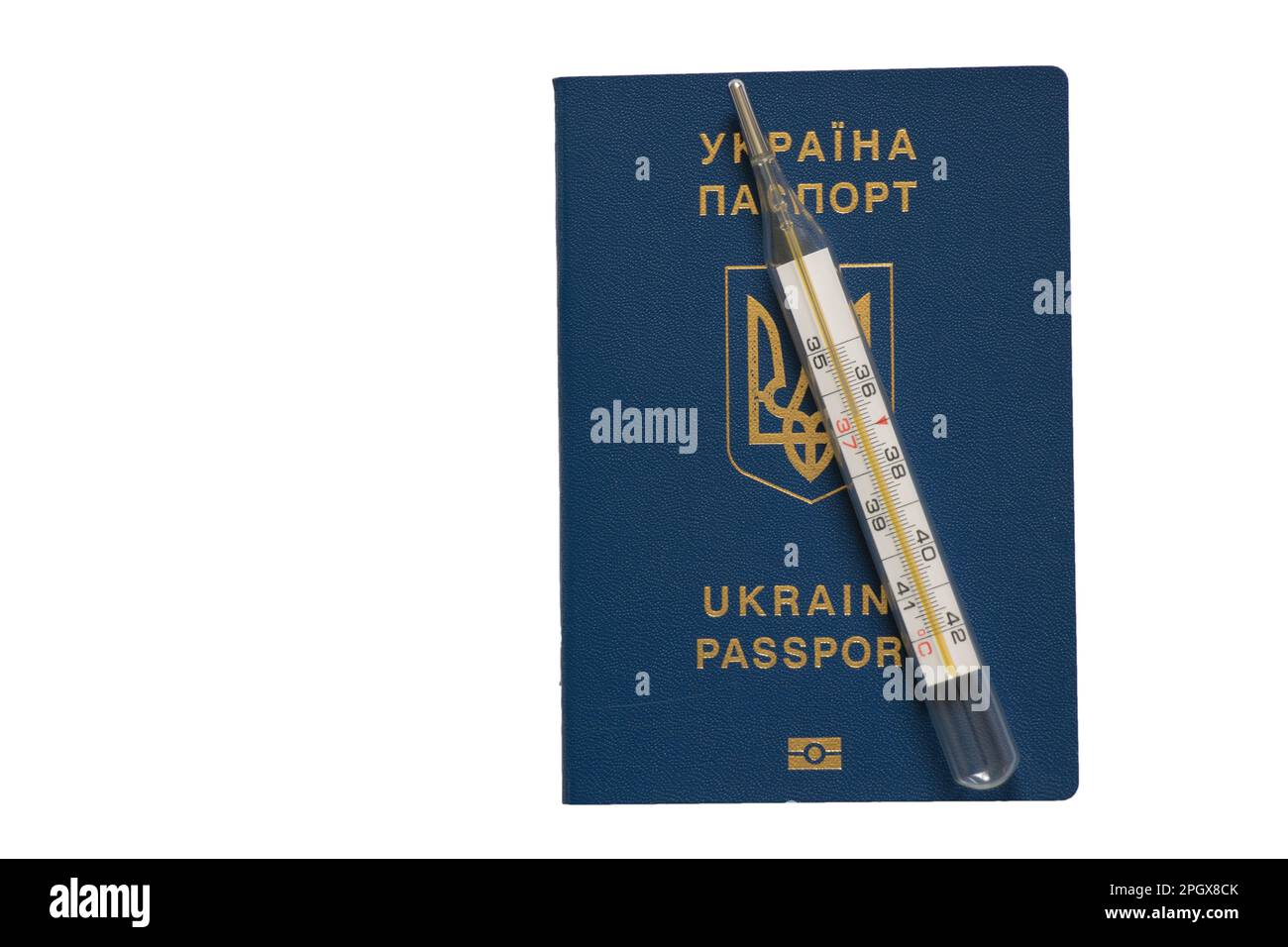 Medizinisches Thermometer liegt auf einem ukrainischen Auslandspass Stockfoto
