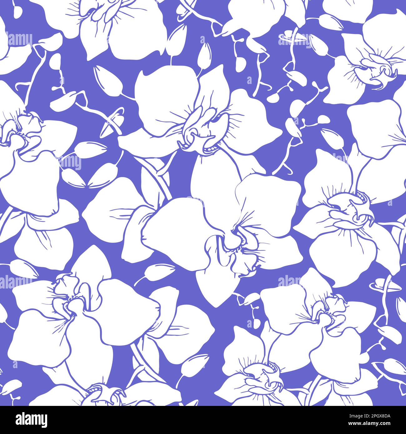 Nahtloses Muster großer weißer Orchideensilhouetten auf blauem Hintergrund, Struktur, Design Stockfoto