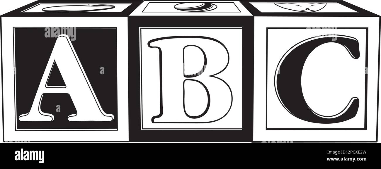 Kinderblöcke. A, B. C, 1/c schwarz, sicher für Laserschneiden. Kann mit Vektorbearbeitungssoftware geändert oder angepasst werden. Stock Vektor