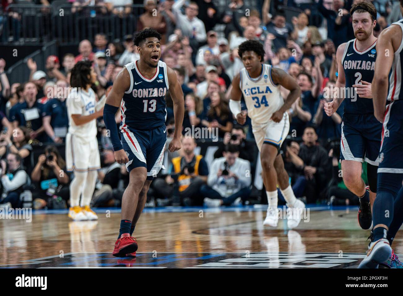 Gonzaga Bulldogs Guard Malachi Smith (13) reagiert während eines NCAA Männer Basketballturniers gegen die UCLA Bruins, Montag, 23. März 2023, bei T- Stockfoto