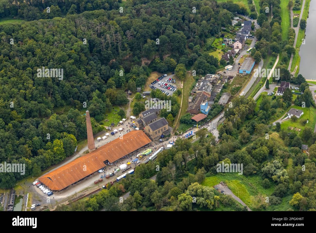 Luftaufnahme, Öko-Markt am Bergwerk Nachtigall im Bezirk Bommern in Witten, Ruhrgebiet, Nordrhein-Westfalen, Deutschland, Deutschland, Europa, Luftfoto Stockfoto