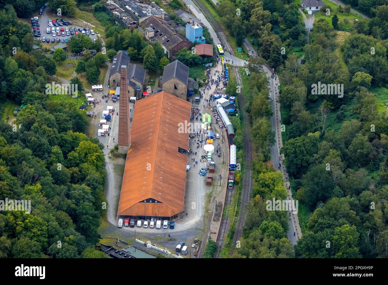 Luftaufnahme, Öko-Markt am Bergwerk Nachtigall im Bezirk Bommern in Witten, Ruhrgebiet, Nordrhein-Westfalen, Deutschland, Deutschland, Europa, Luftfoto Stockfoto