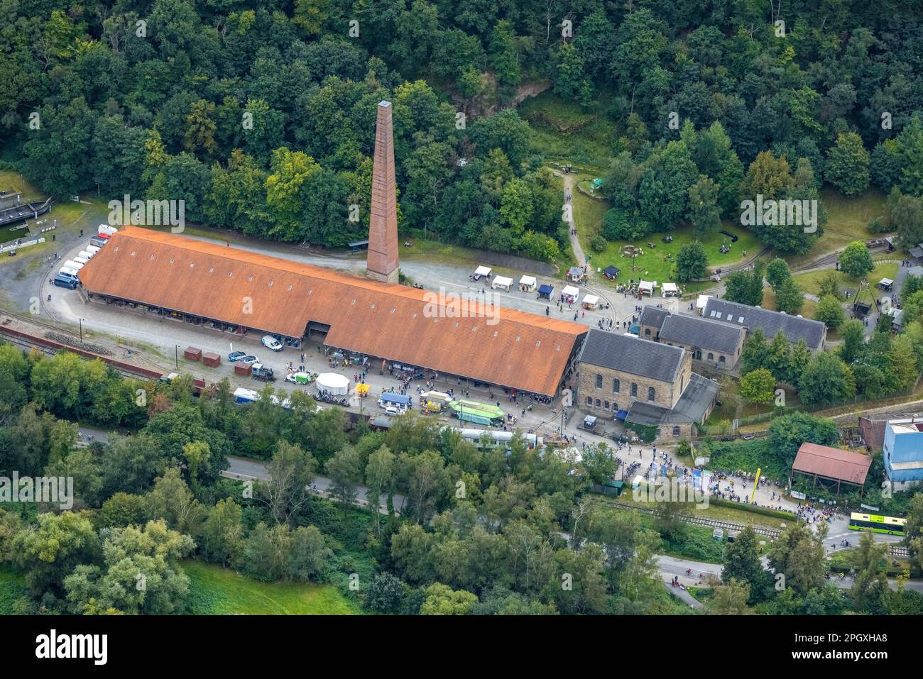 Luftaufnahme, Öko-Markt am Bergwerk Nachtigall im Bezirk Bommern in Witten, Ruhrgebiet, Nordrhein-Westfalen, Deutschland, Deutschland, Europa, Luftfoto Stockfoto